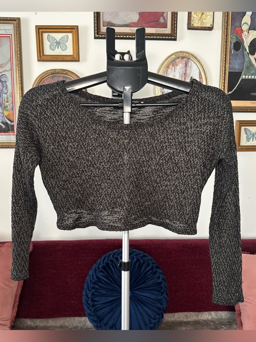 Women's Black-Green Cropped Knit Long-Sleeve Top